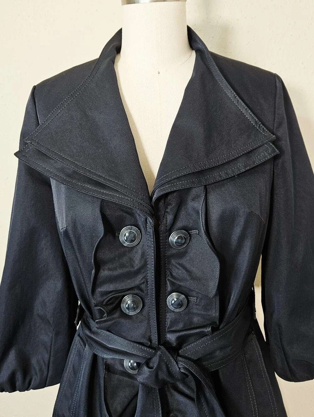 Anthropologie Idra Whimsy Ruffle Belted Trench Coat Navy Blue Size 2